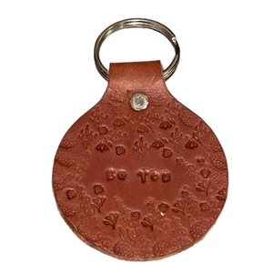 Handmade stamped brown Be You floral 100% leather‎ key silver chain/ring